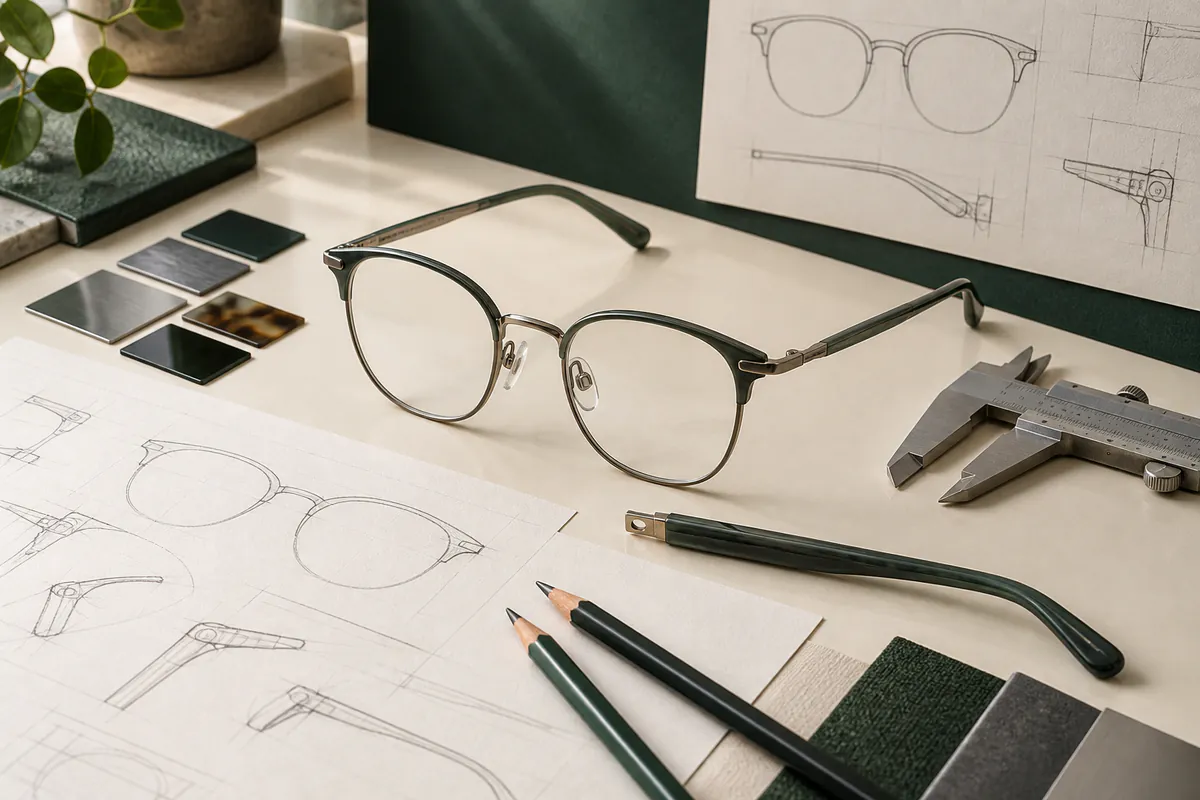 Optical frame prototype with design sketches, finish samples, and measuring tools