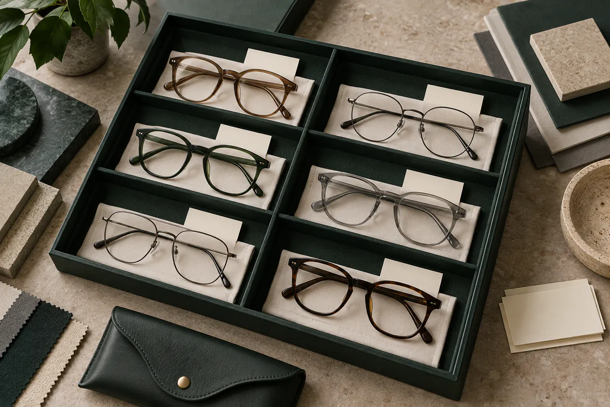 Six unbranded optical frames organized in a presentation tray
