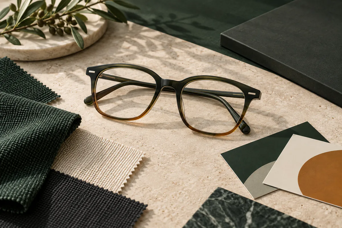 Unbranded acetate optical frame with fabric and color direction samples