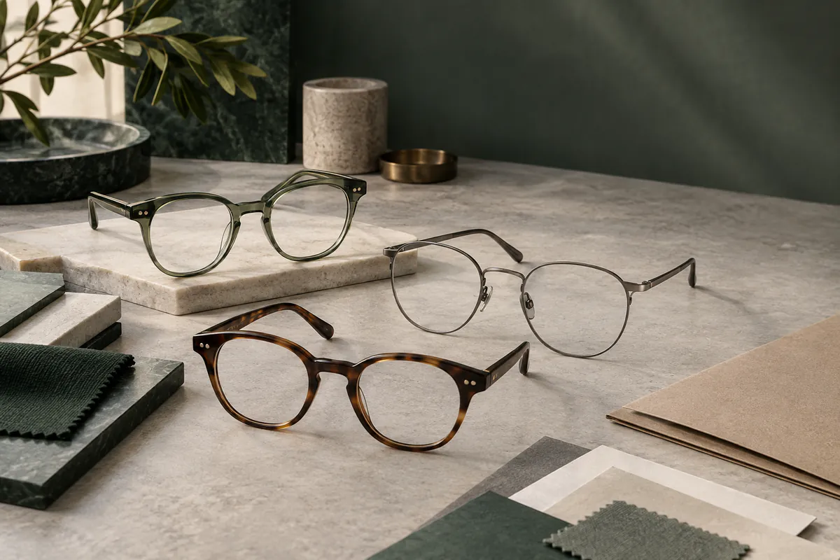 Three unbranded optical frames arranged with material samples for collection planning