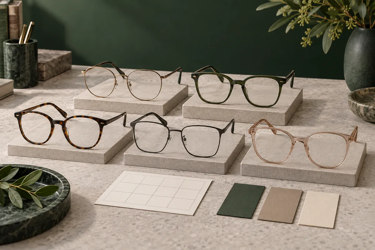 Five unbranded optical frames arranged as a professional retail assortment