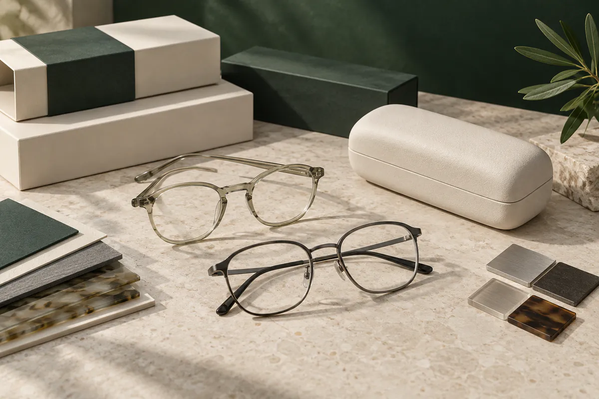 Two unbranded optical frames with blank packaging and finish samples