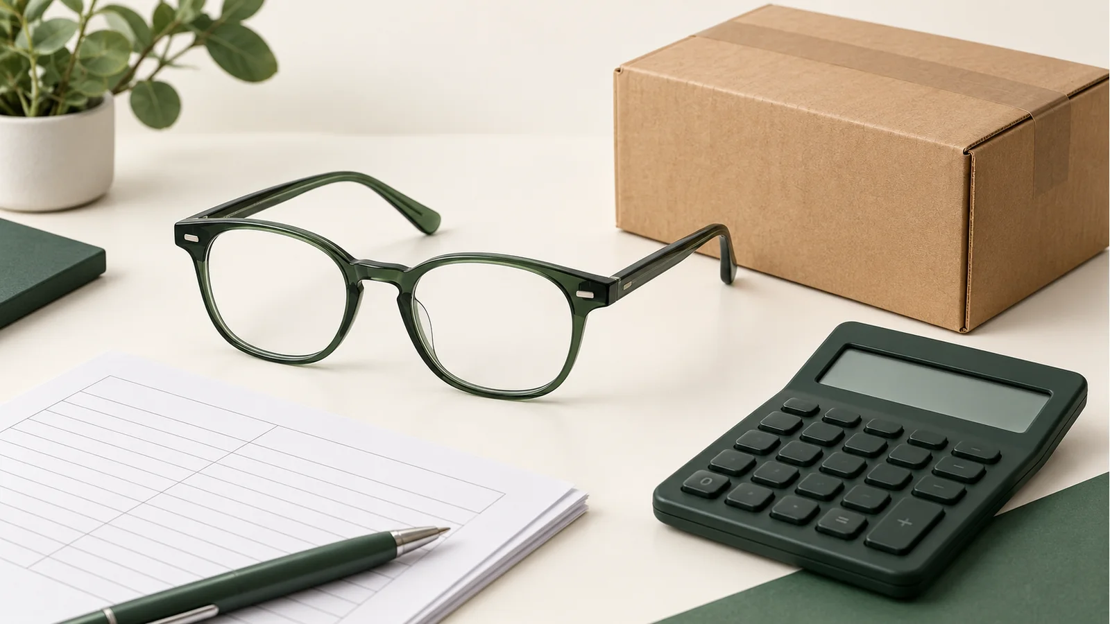 Editorial illustration of a frame, carton and calculator for landed cost planning