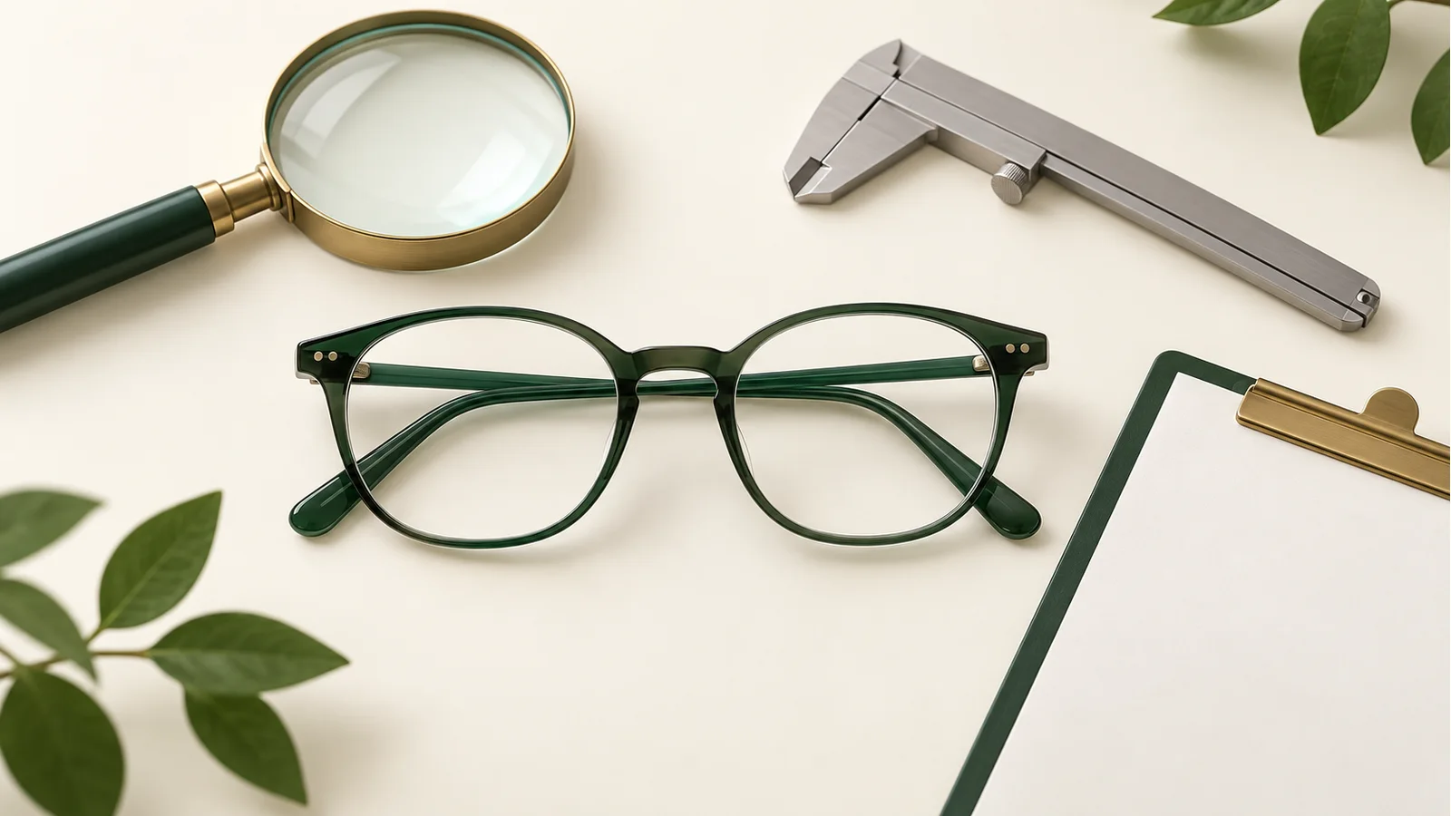 Editorial illustration of an eyeglass frame beside sample-inspection tools