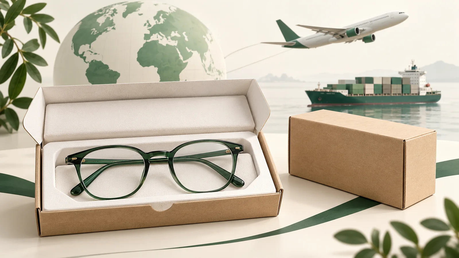 Concept illustration of packaged eyewear with air and sea transport