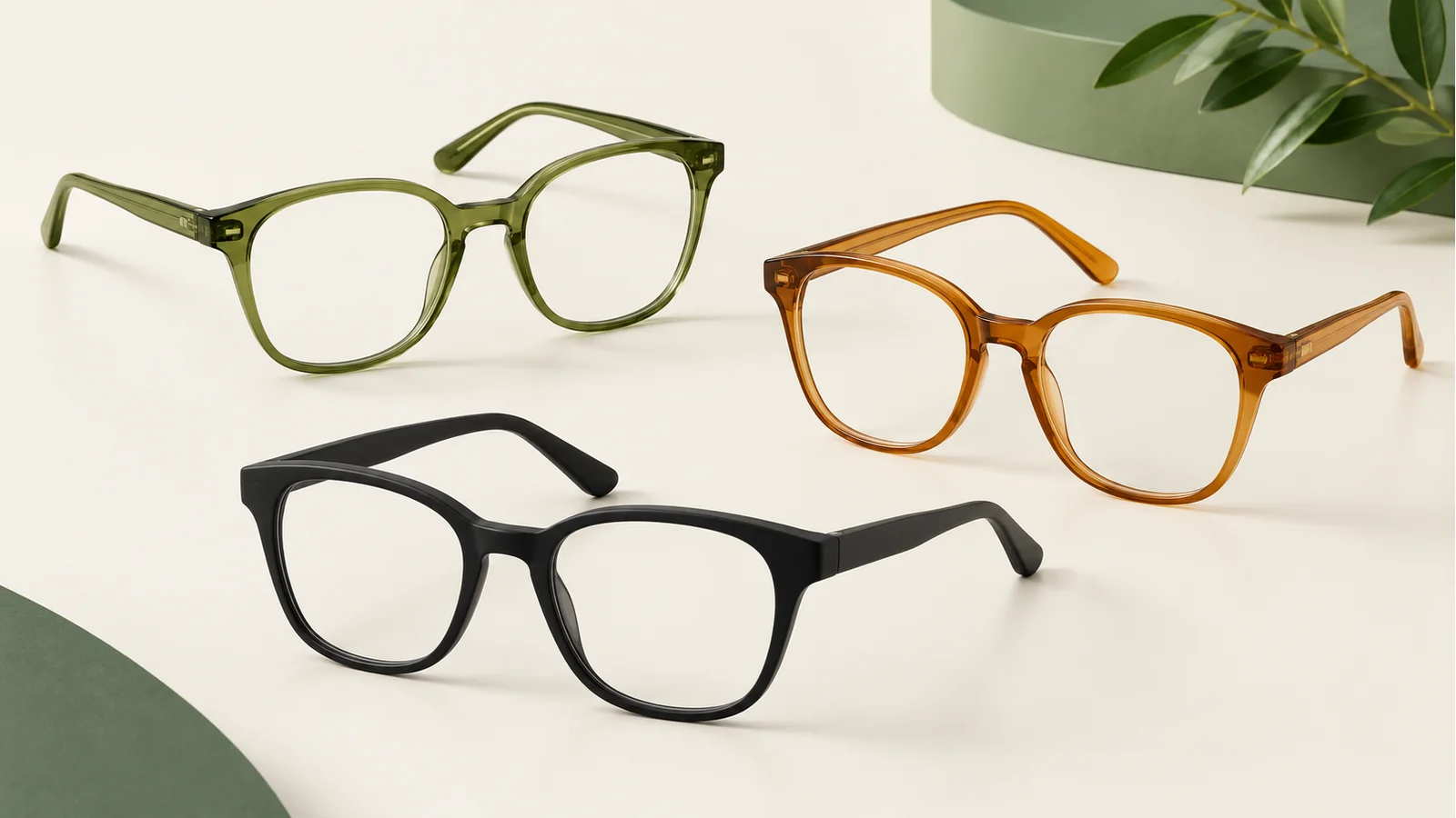 Editorial illustration of three unbranded plastic-style frames