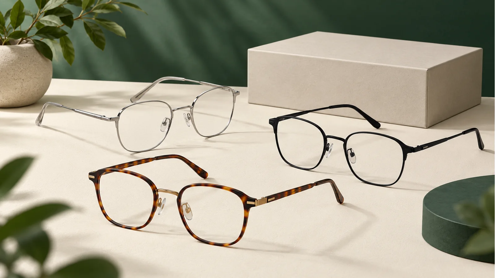Editorial concept illustration of eyeglass frames and a sample box