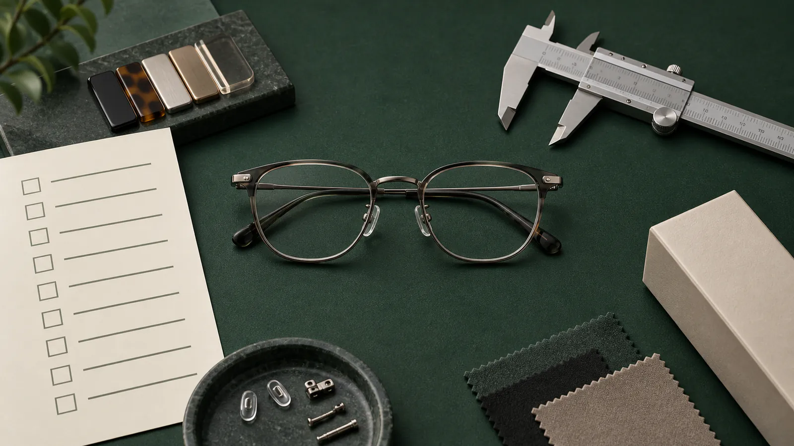 Eyeglass frame sample with a checklist, finish samples, and a precision caliper