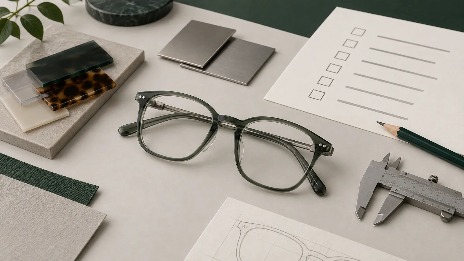 Eyeglass frame prototype with material samples, a project checklist, and measuring tools