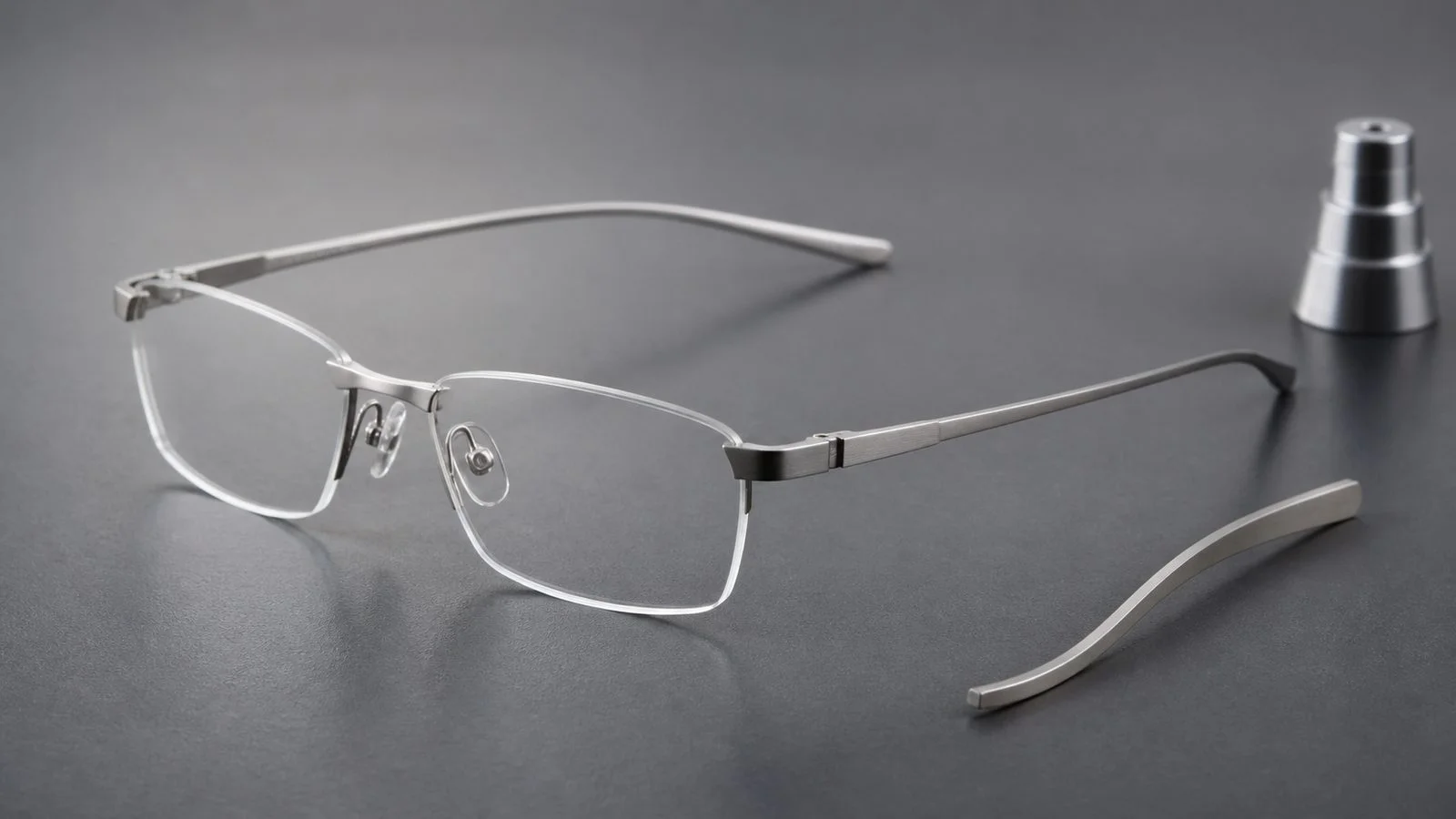 Slim beta titanium eyeglass frame with flexible temples on a precision workbench