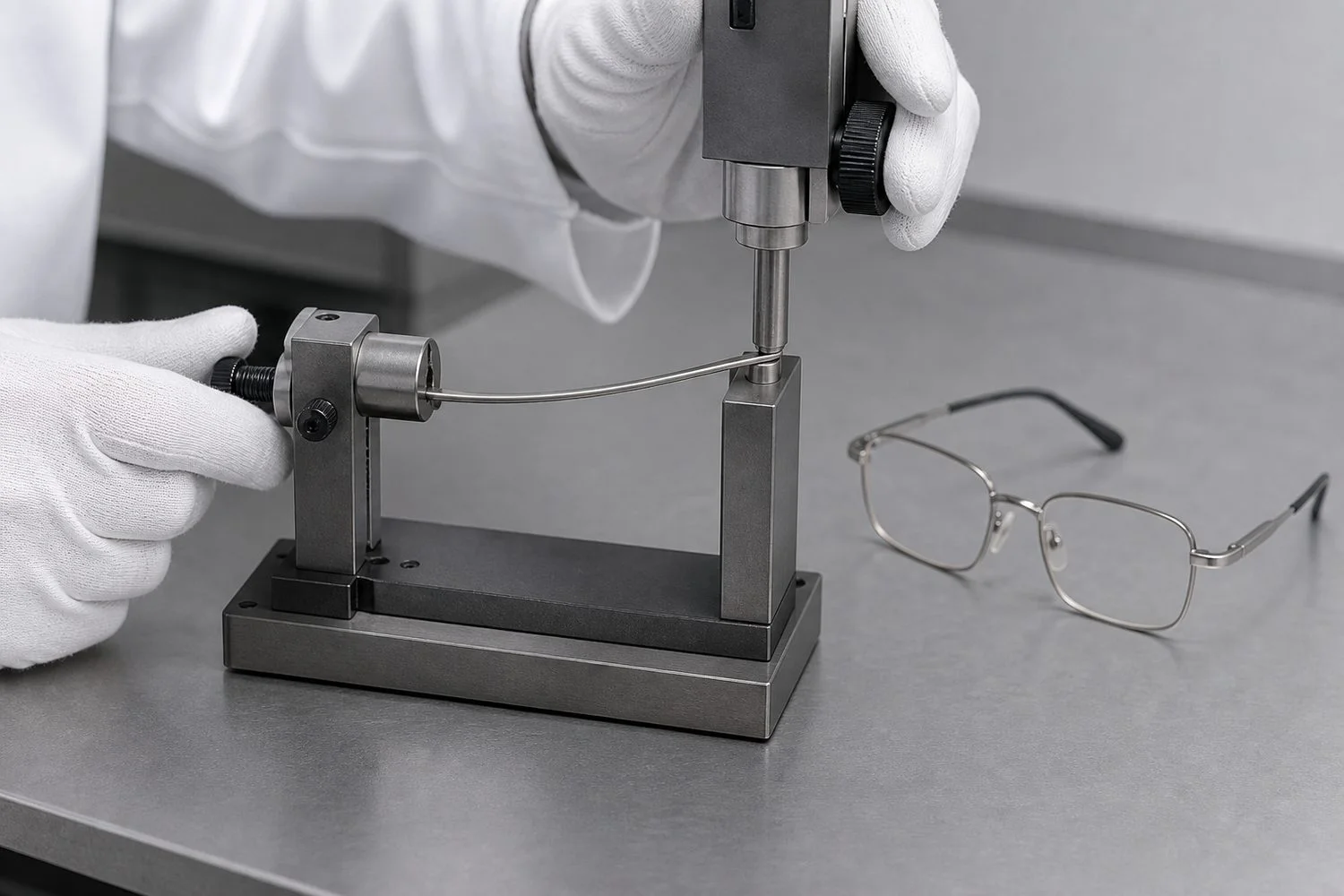 Technician running a controlled bend test on a beta titanium eyeglass temple