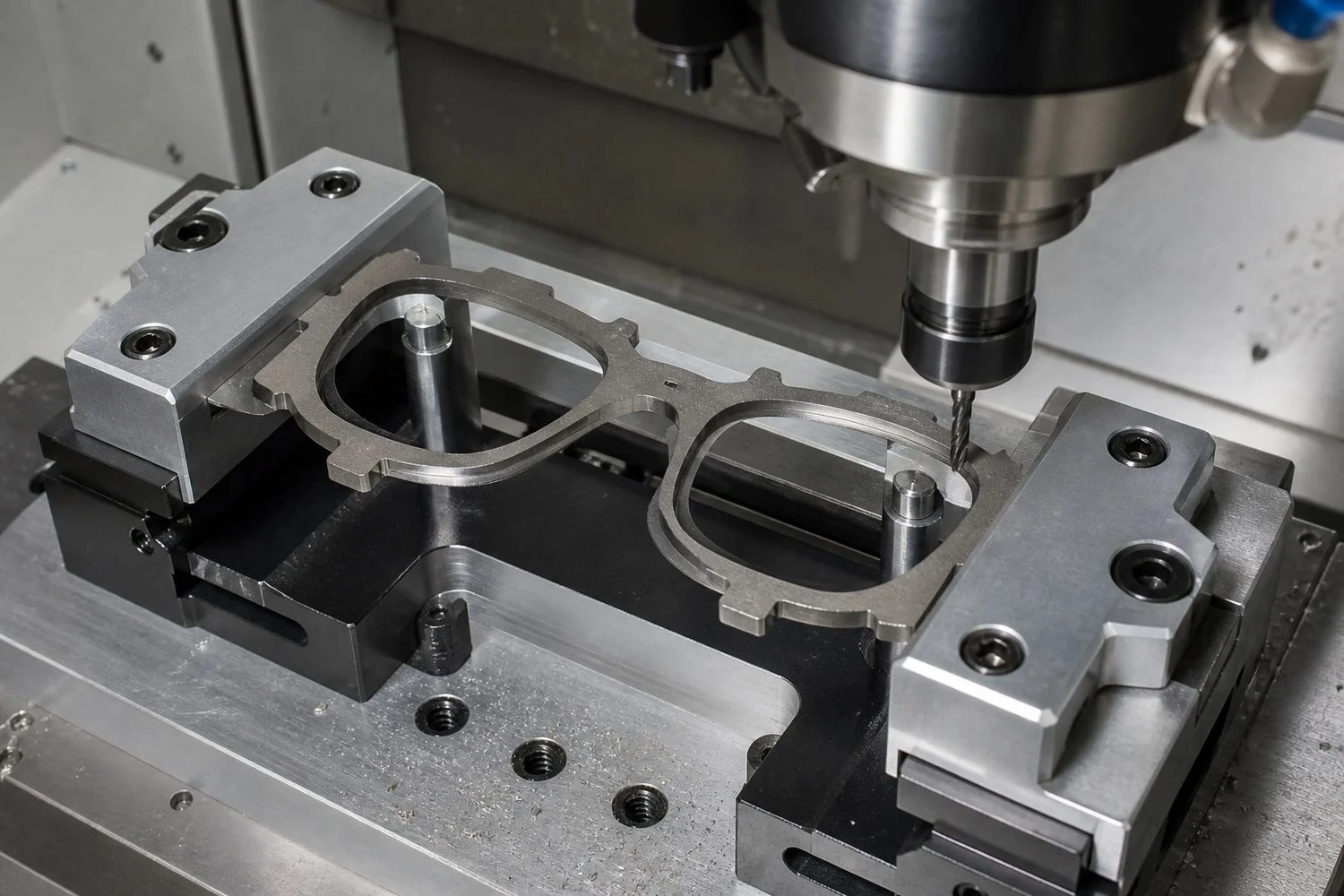 Thin titanium eyewear front held in a purpose-built CNC machining fixture
