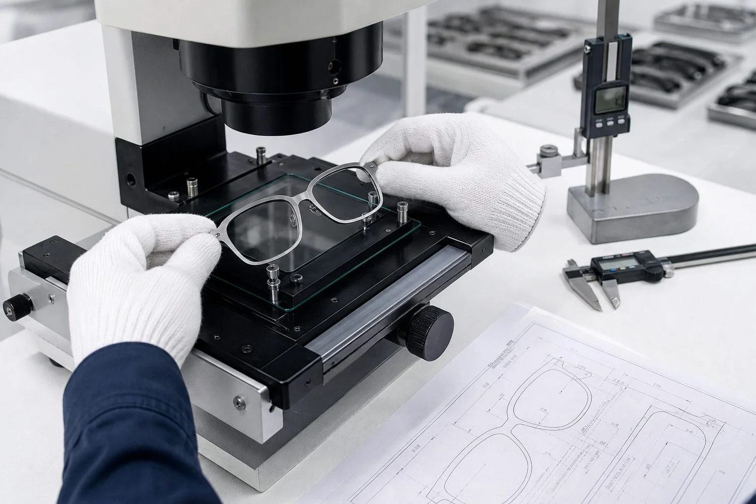 Inspector measuring a CNC machined titanium eyeglass front against its controlled drawing