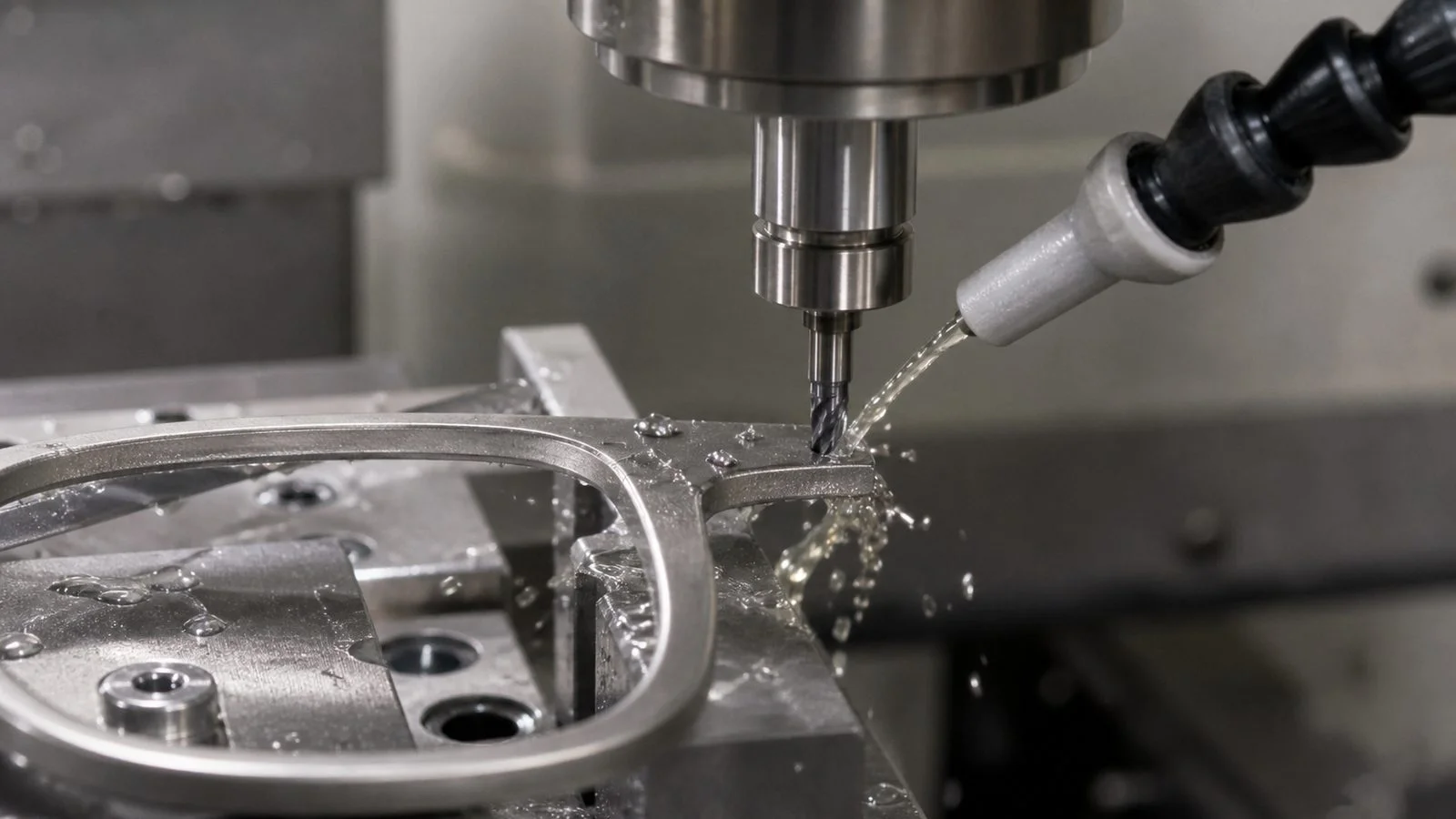 Close view of a CNC cutter producing controlled titanium chips under coolant