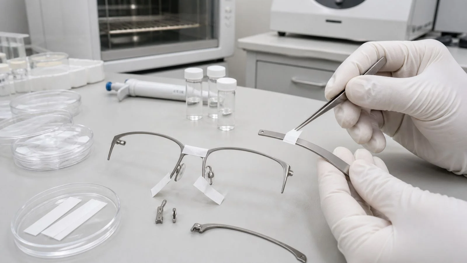 Laboratory technician performing an EN 16128 nickel-release test on metal eyeglass frame parts