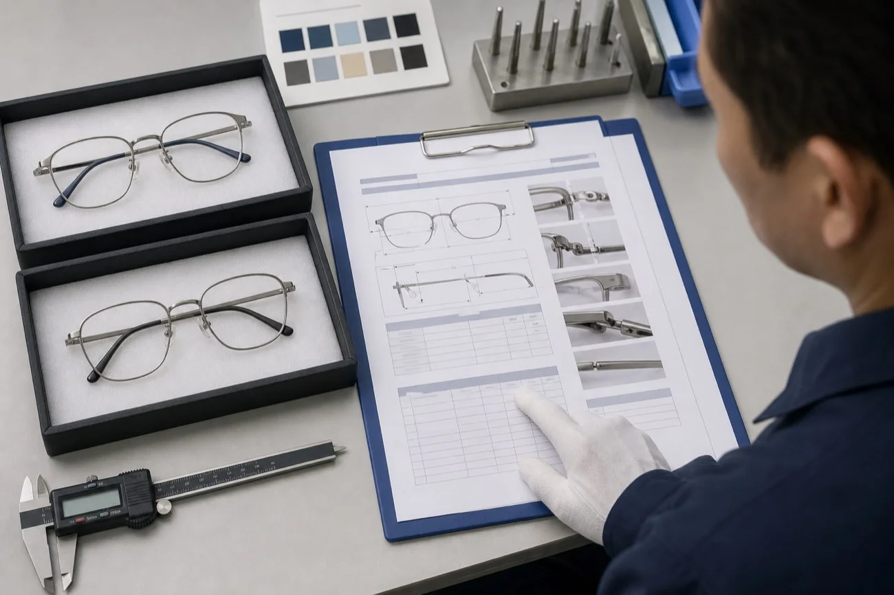Buyer reviewing a finished eyeglass frame inspection report with sample photos and measurements