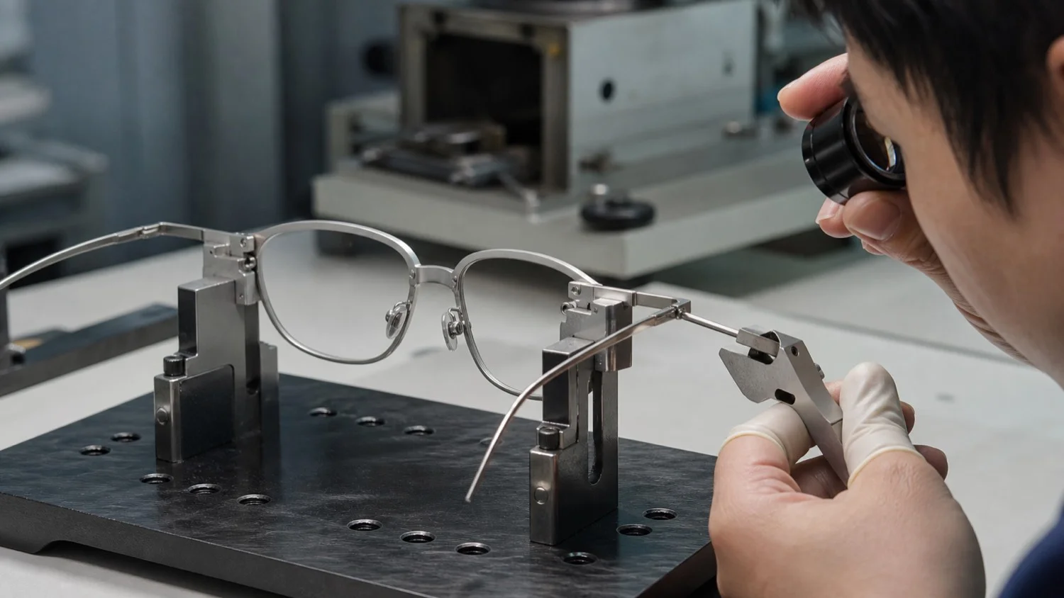 Technician checking frame geometry and a laser-welded joint during titanium eyewear production