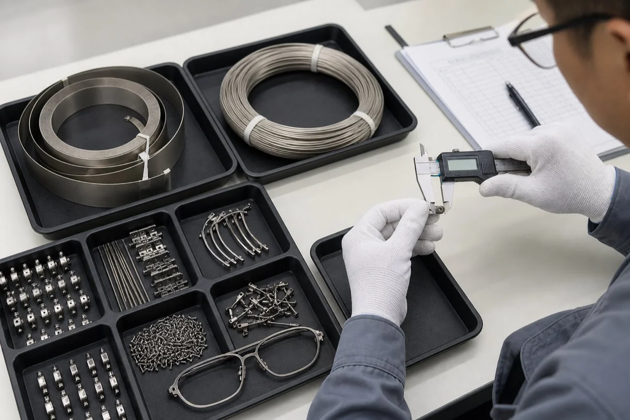 Inspector checking incoming titanium strip, hinges, screws, and frame components against controlled records