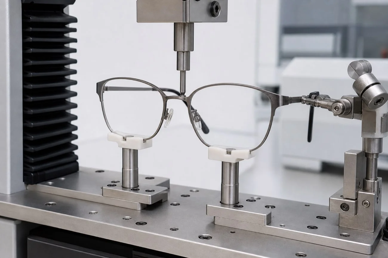 Eyeglass frame mounted in a controlled mechanical endurance and bridge-deformation test fixture