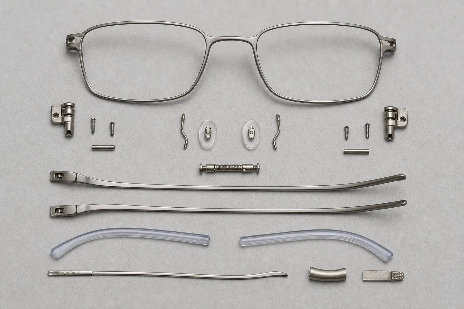 Metal eyeglass frame parts positioned to show common skin-contact and hidden components