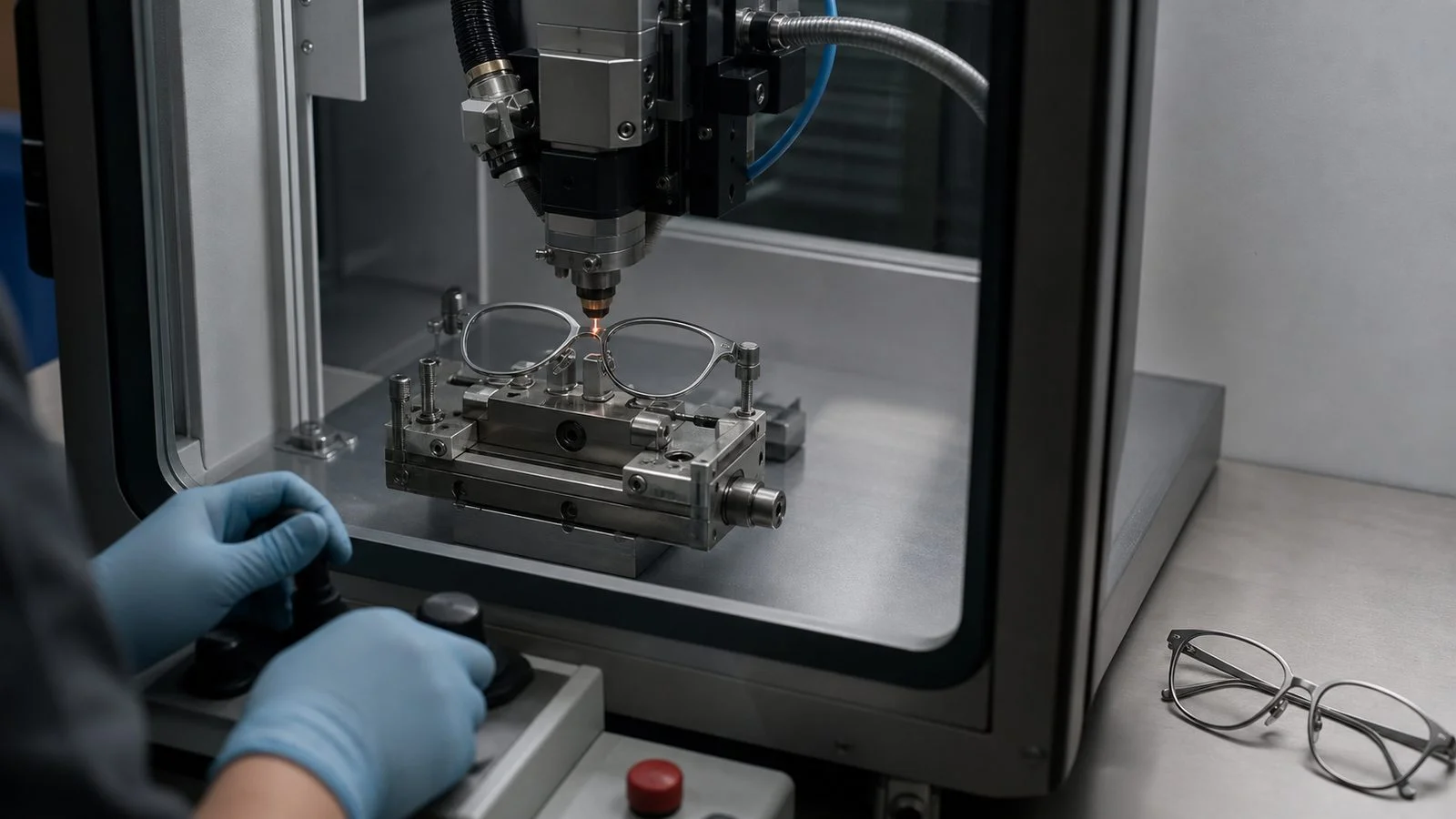 Technician laser welding a titanium eyeglass frame in an enclosed precision workcell