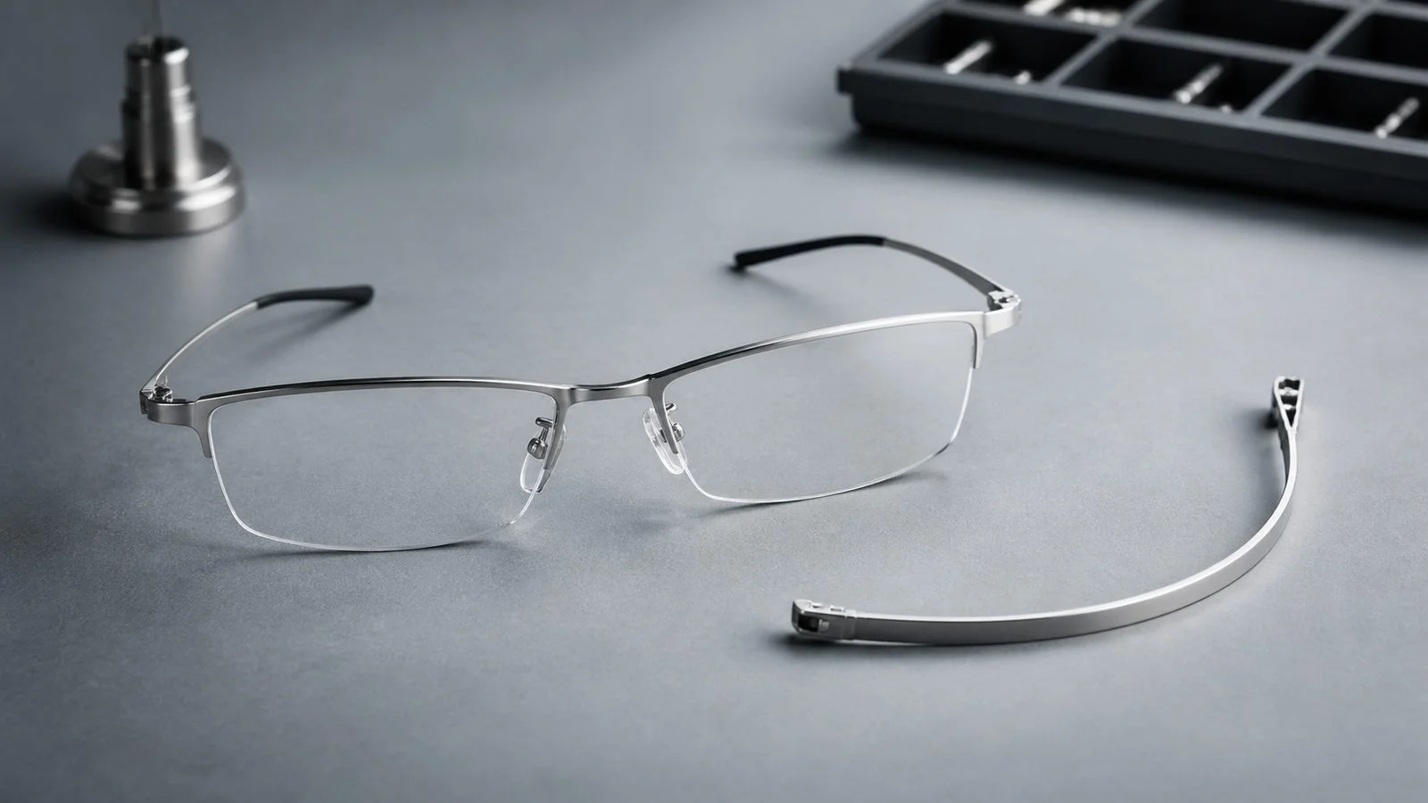 Flexible memory titanium eyeglass frame displayed on a clean materials workbench