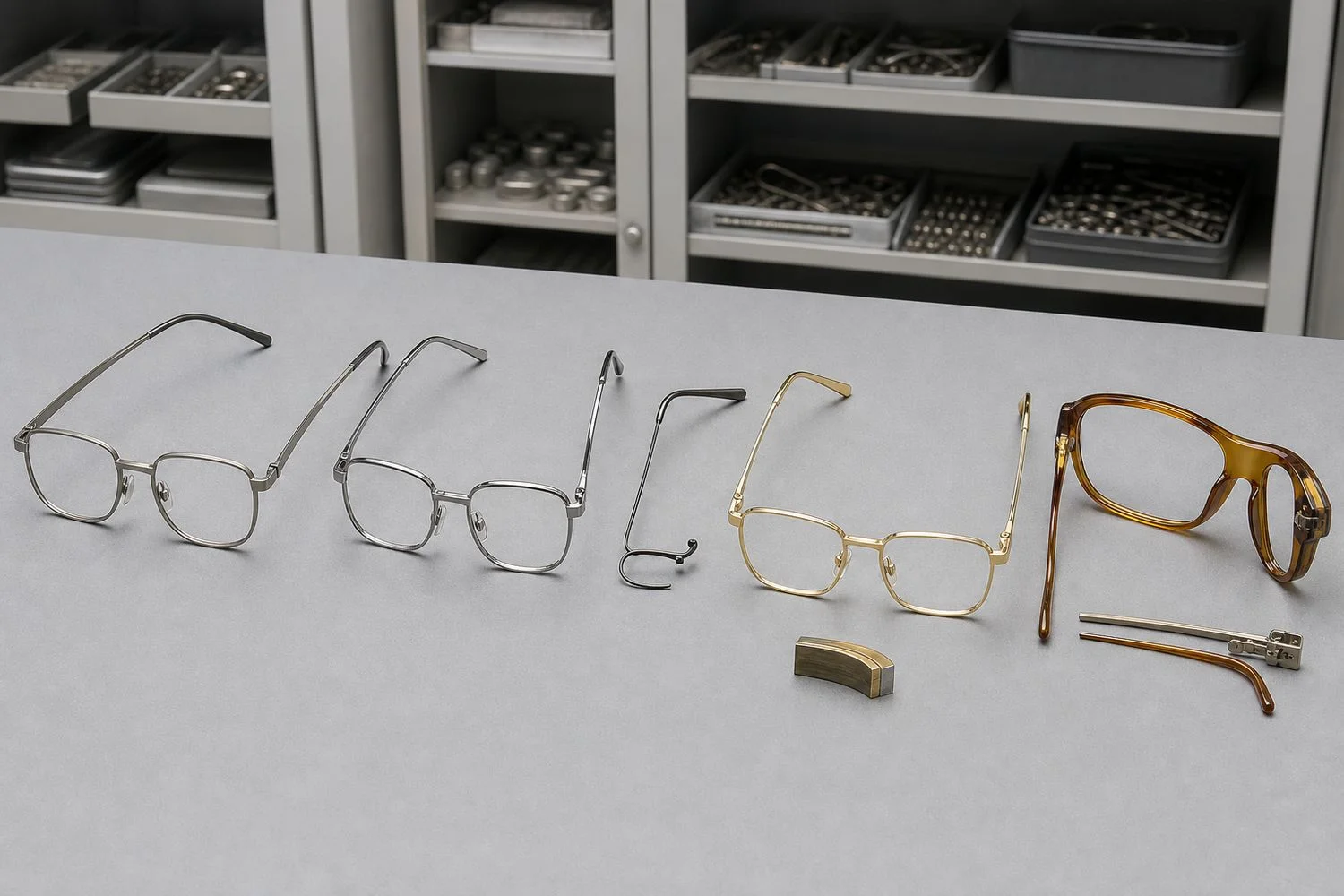 Titanium, stainless steel, memory alloy, and coated eyewear material samples on a comparison bench