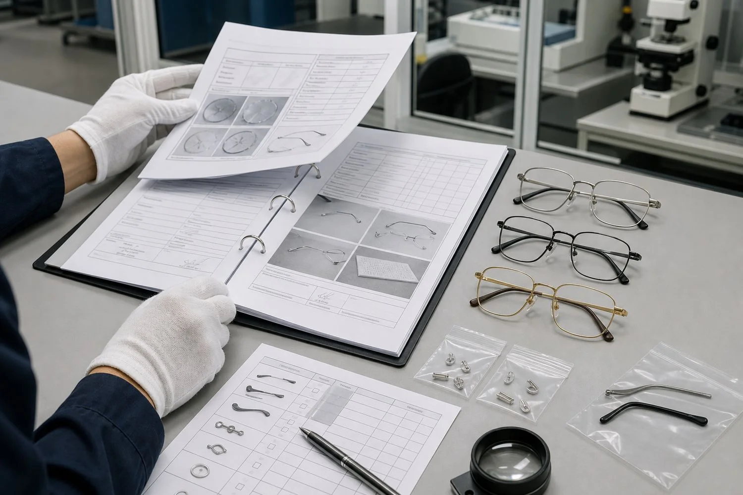Buyer reviewing a nickel-release laboratory report beside tested titanium eyeglass frames