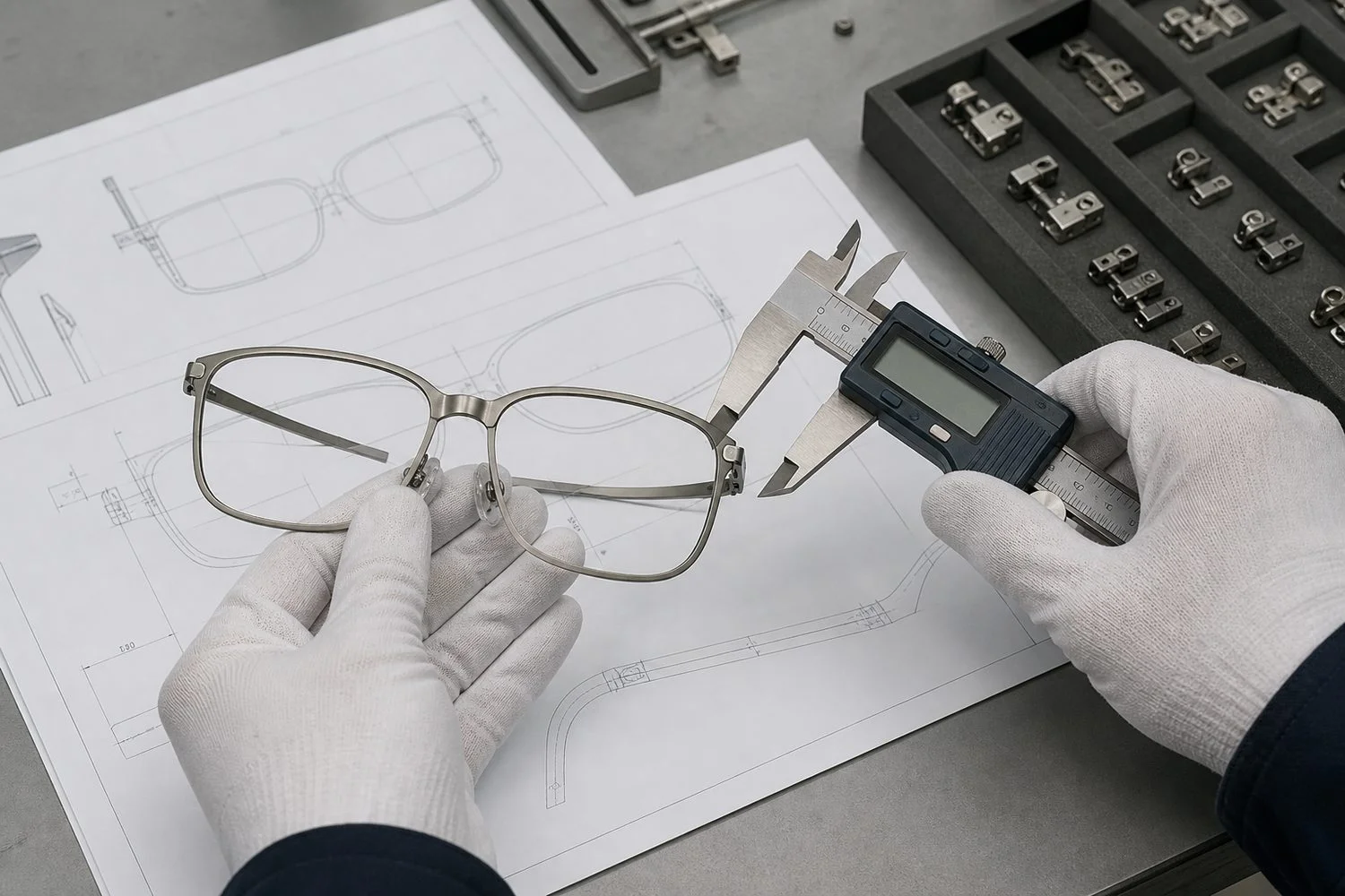 Engineer reviewing an eyewear CAD drawing beside an unfinished frame prototype and measuring tools