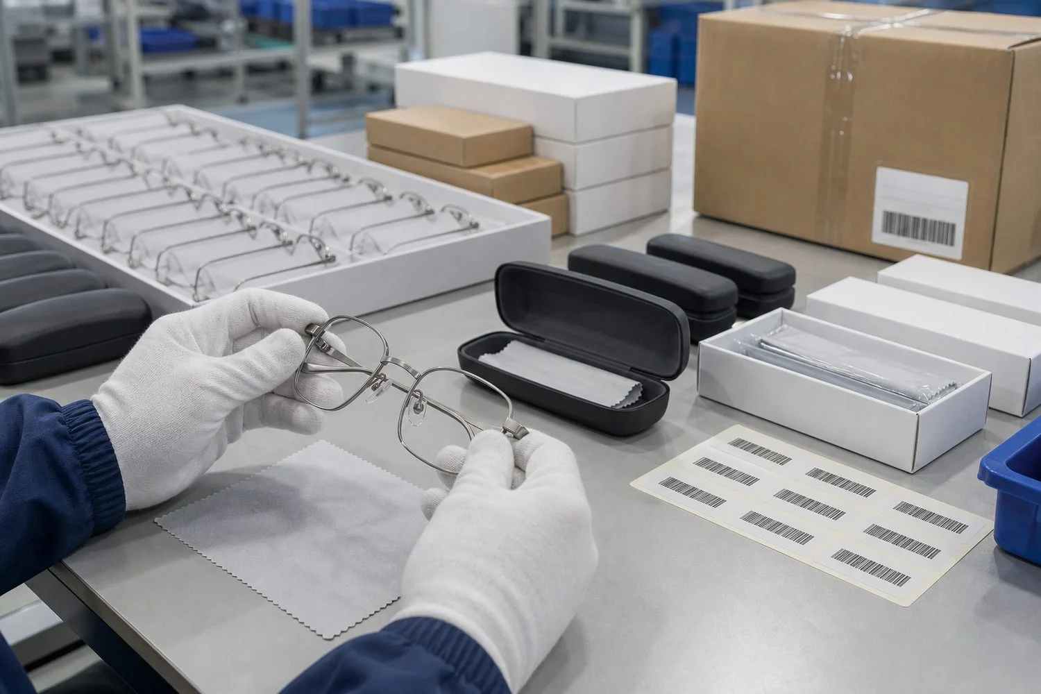 Finished OEM eyeglass frames undergoing final inspection beside labeled packaging components