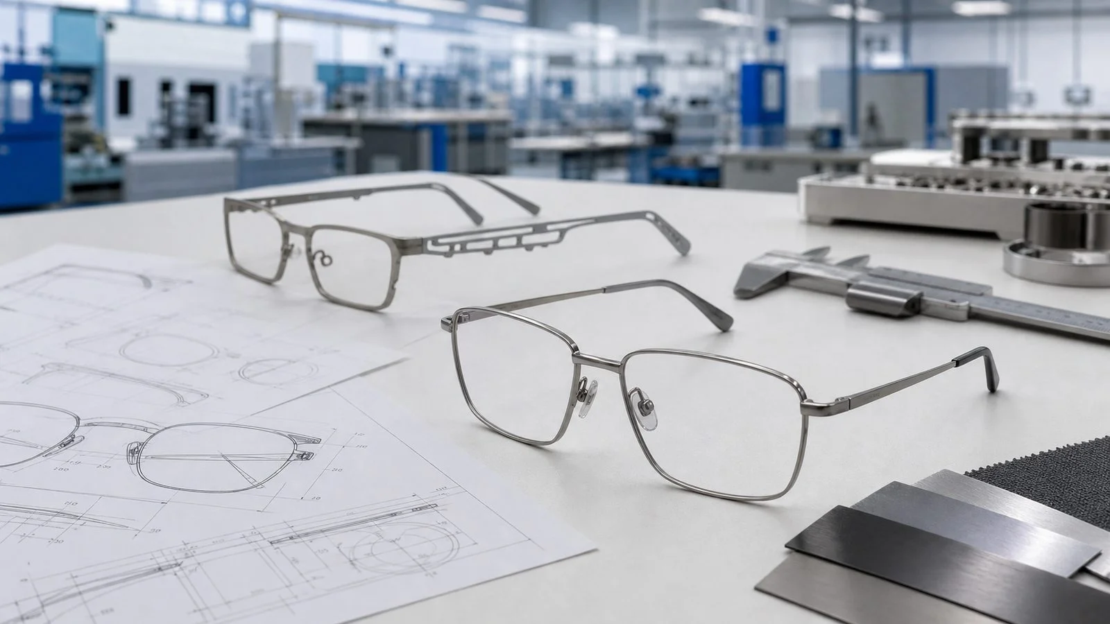 OEM eyewear development desk with technical drawings, titanium frame prototypes, and inspection tools