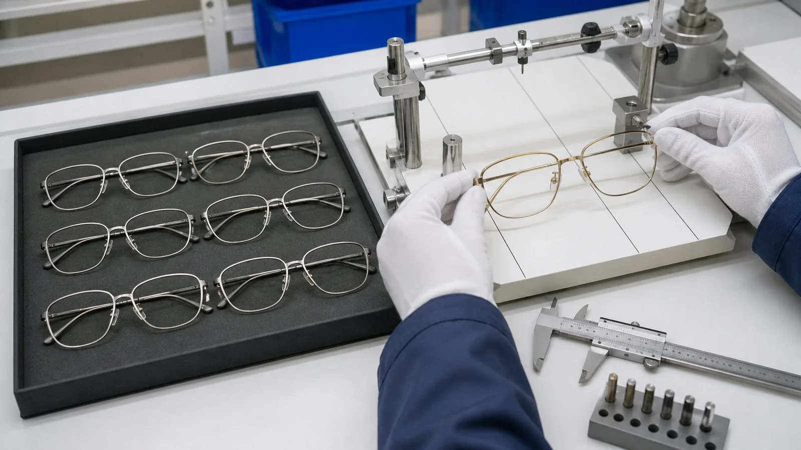 Inspector comparing pilot-run eyeglass frames with an approved golden sample and gauges