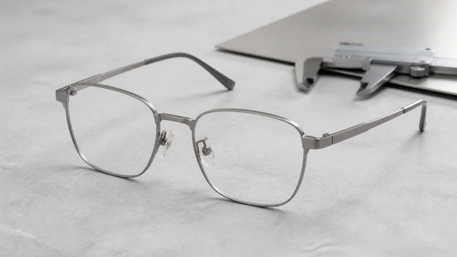 Brushed pure titanium eyeglass frame with a titanium sheet and precision caliper