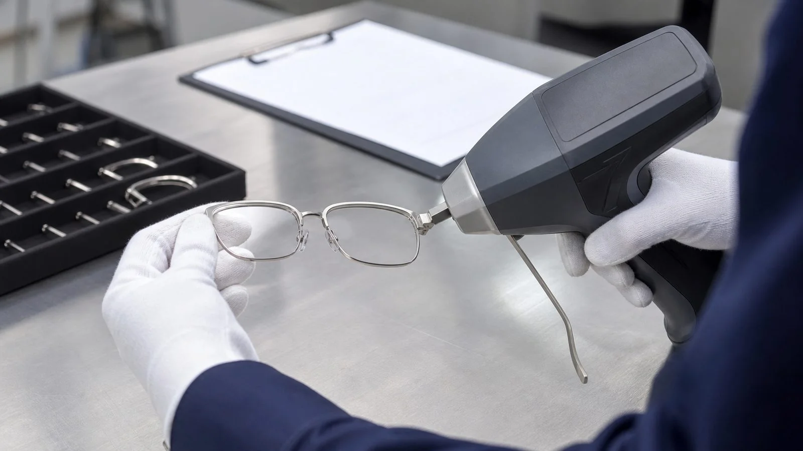 Quality technician checking a titanium eyeglass frame with a handheld XRF analyzer