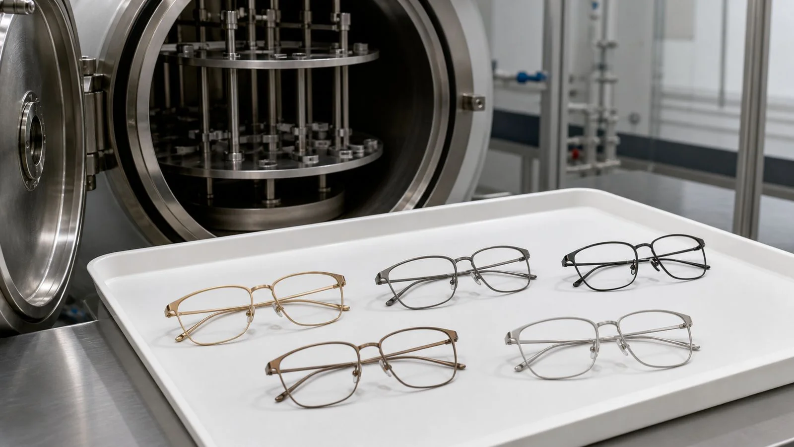 Titanium eyeglass frames with several controlled PVD finishes beside a vacuum coating chamber