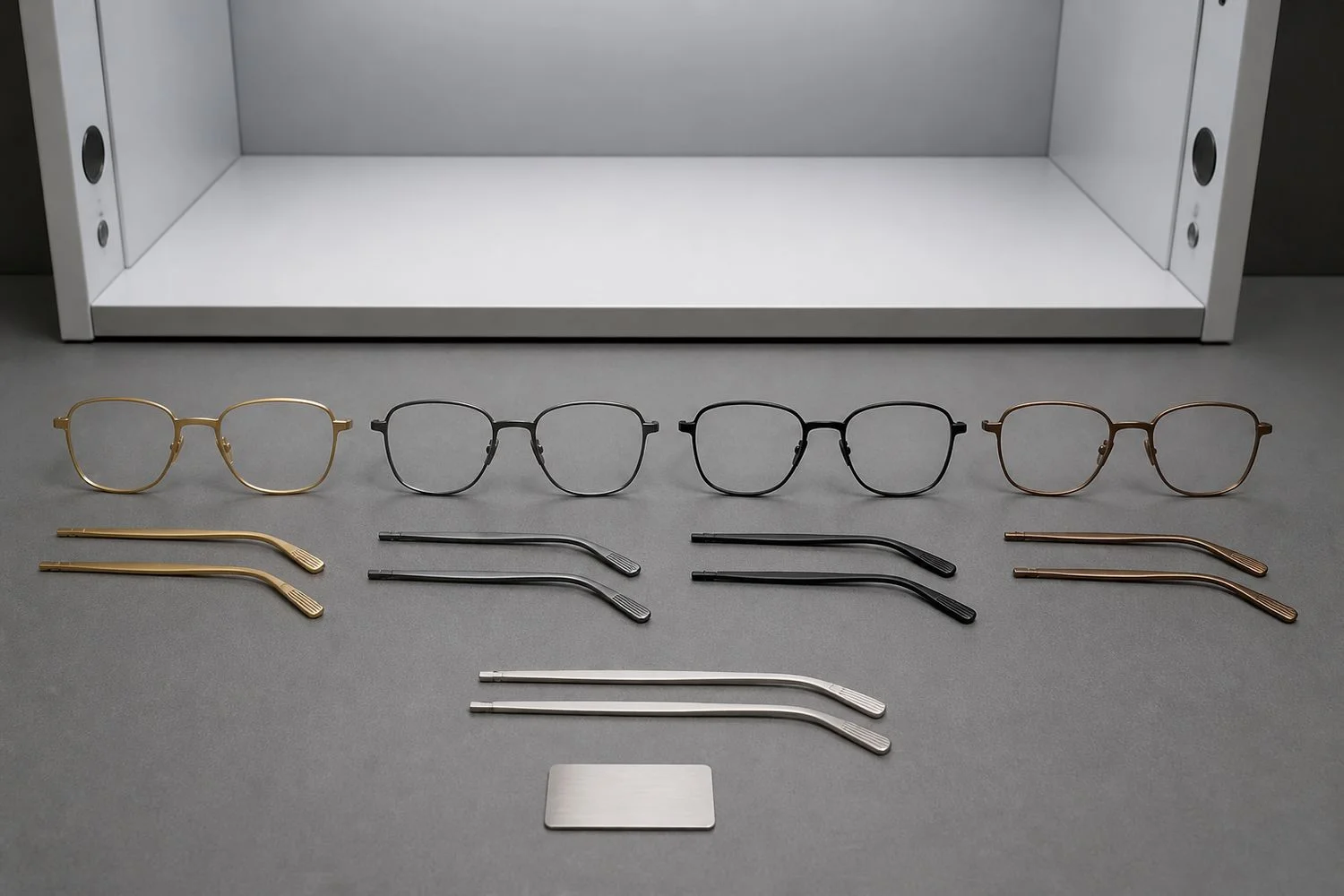 PVD-coated titanium eyewear samples in gold, gray, black, and bronze finishes
