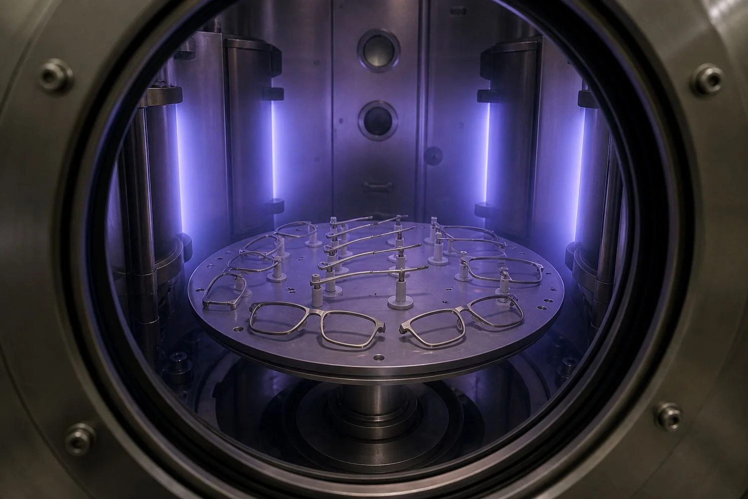 Titanium eyeglass parts rotating on fixtures inside an active PVD vacuum chamber