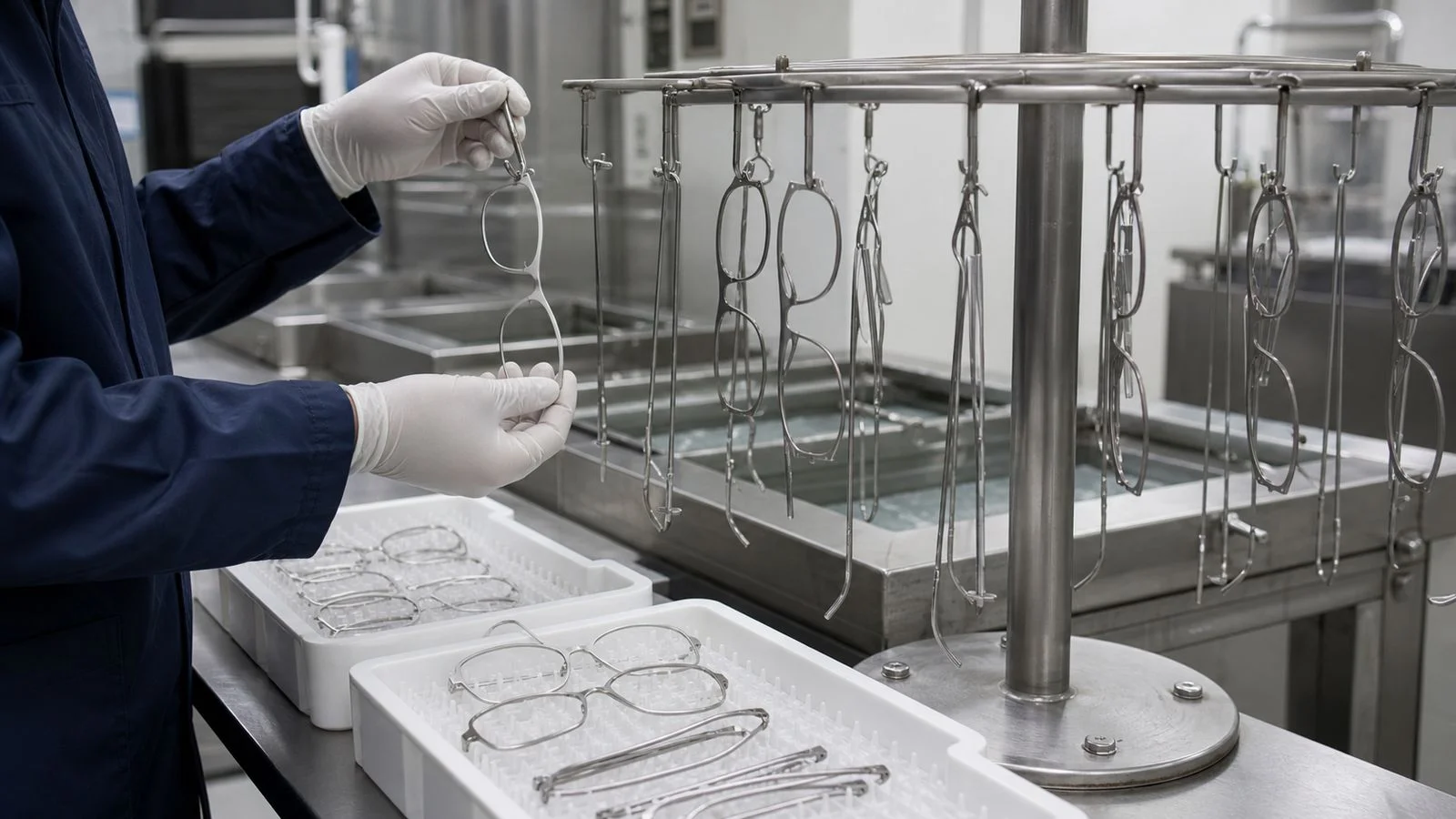 Technician cleaning and racking titanium eyeglass parts before PVD coating