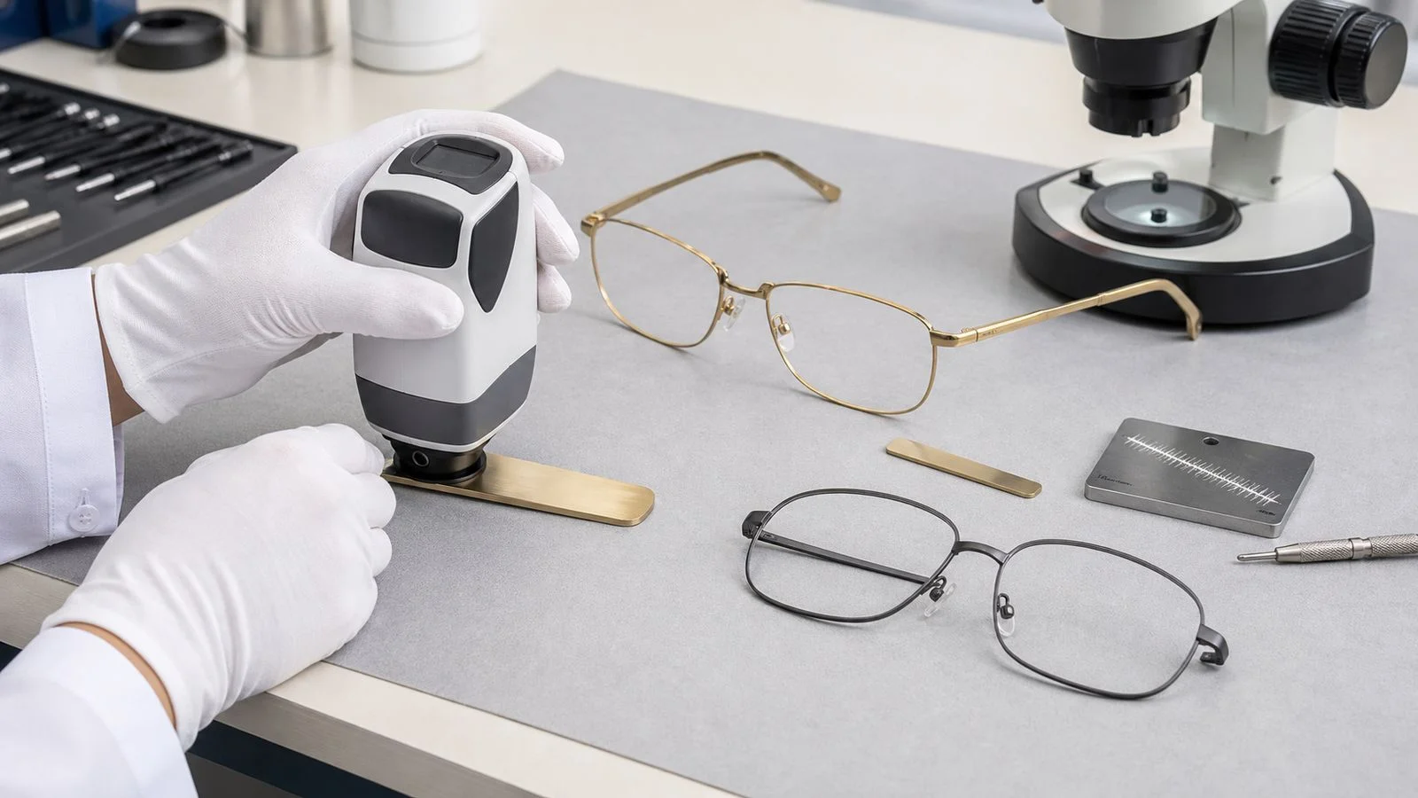 Inspector measuring color and coating quality on a PVD-coated titanium eyeglass frame