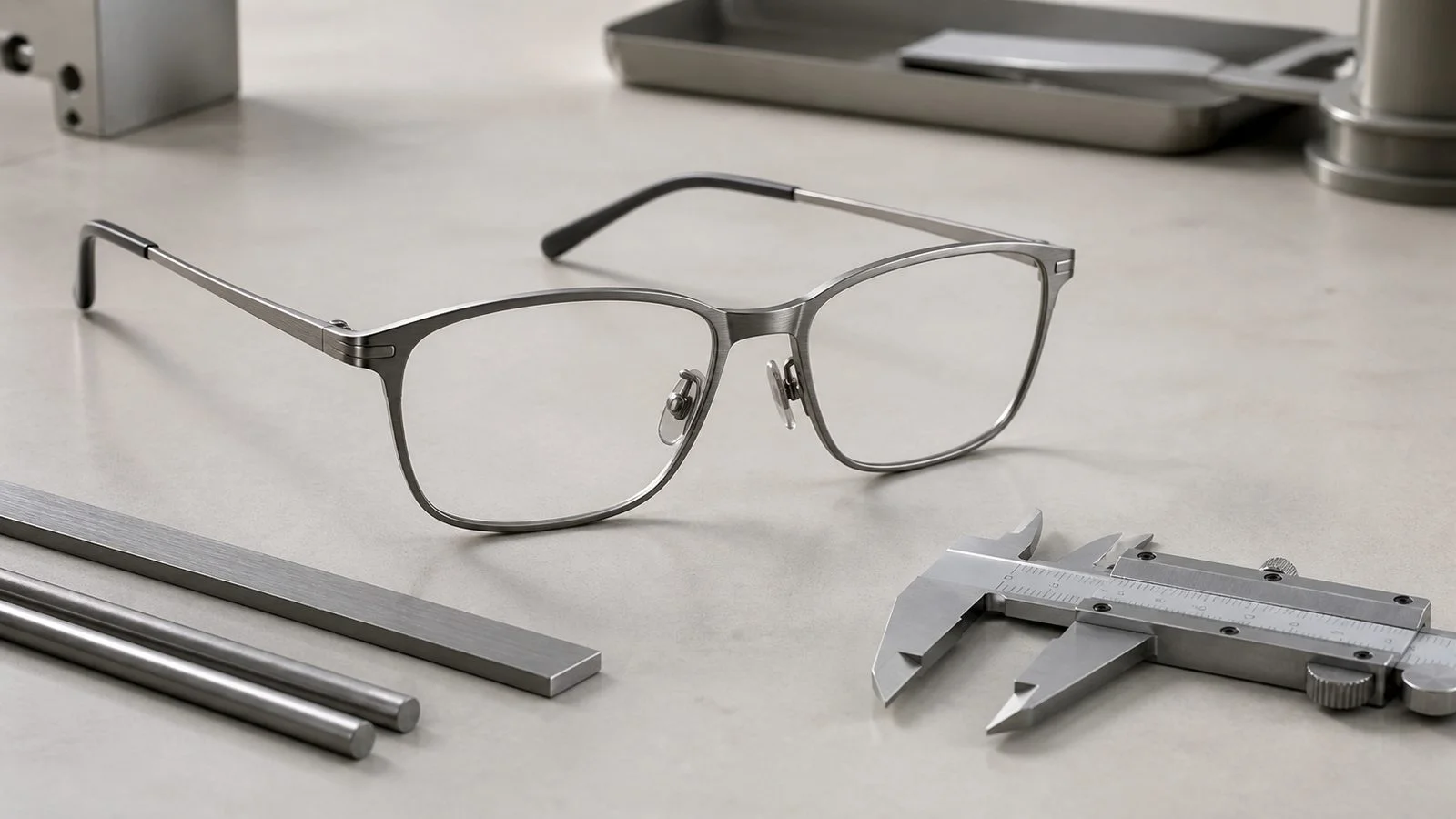 Titanium alloy eyeglass frame with raw material samples and a precision caliper