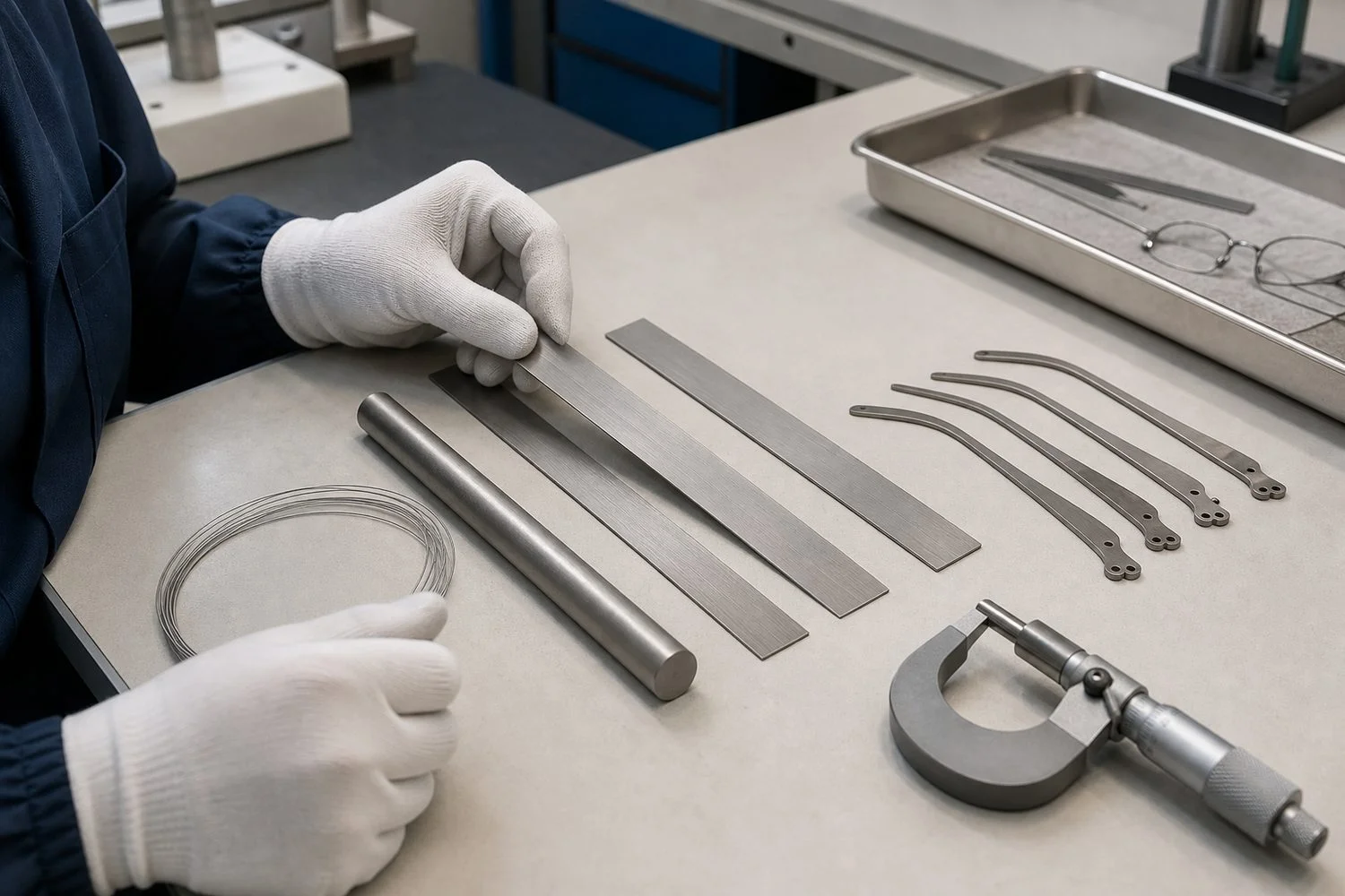 Technician comparing titanium alloy strip, wire, and unfinished eyeglass temples at a clean workbench