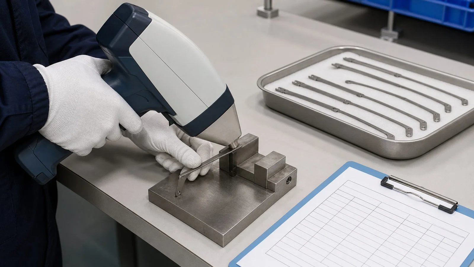 Inspector using material identification equipment on an unfinished titanium alloy eyeglass temple