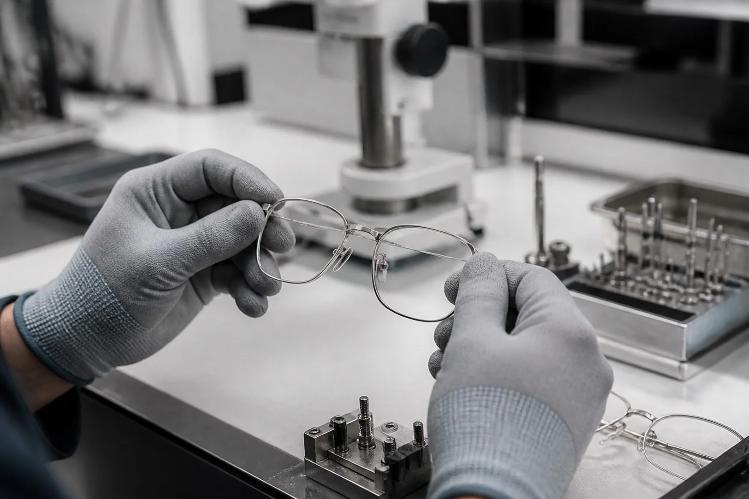 Technician inspecting a thin titanium eyeglass frame during manufacturing