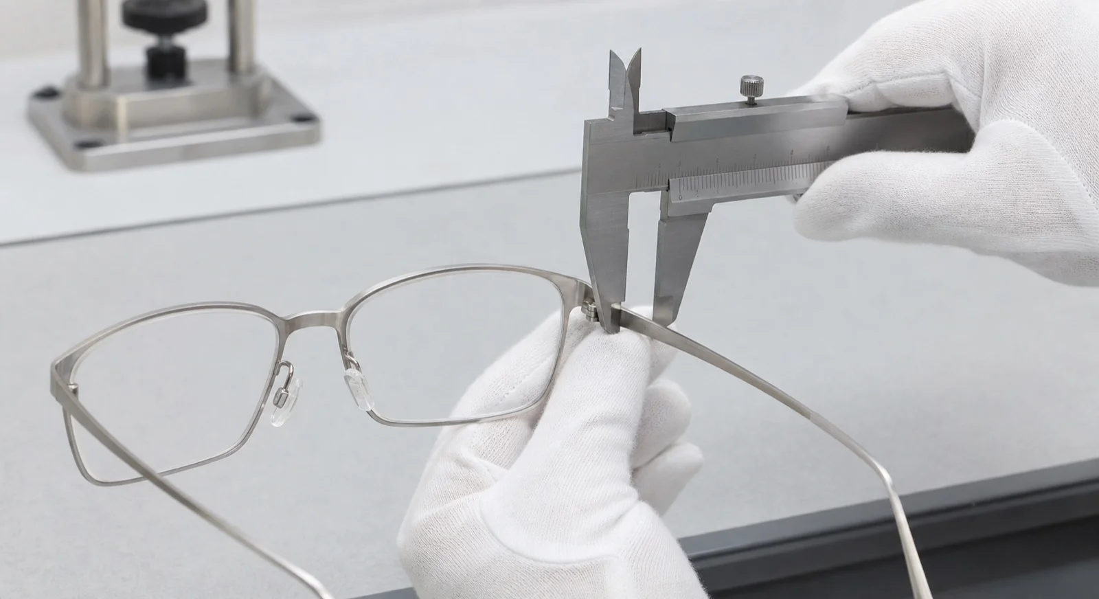 Quality inspector measuring a titanium eyeglass frame hinge with a precision caliper