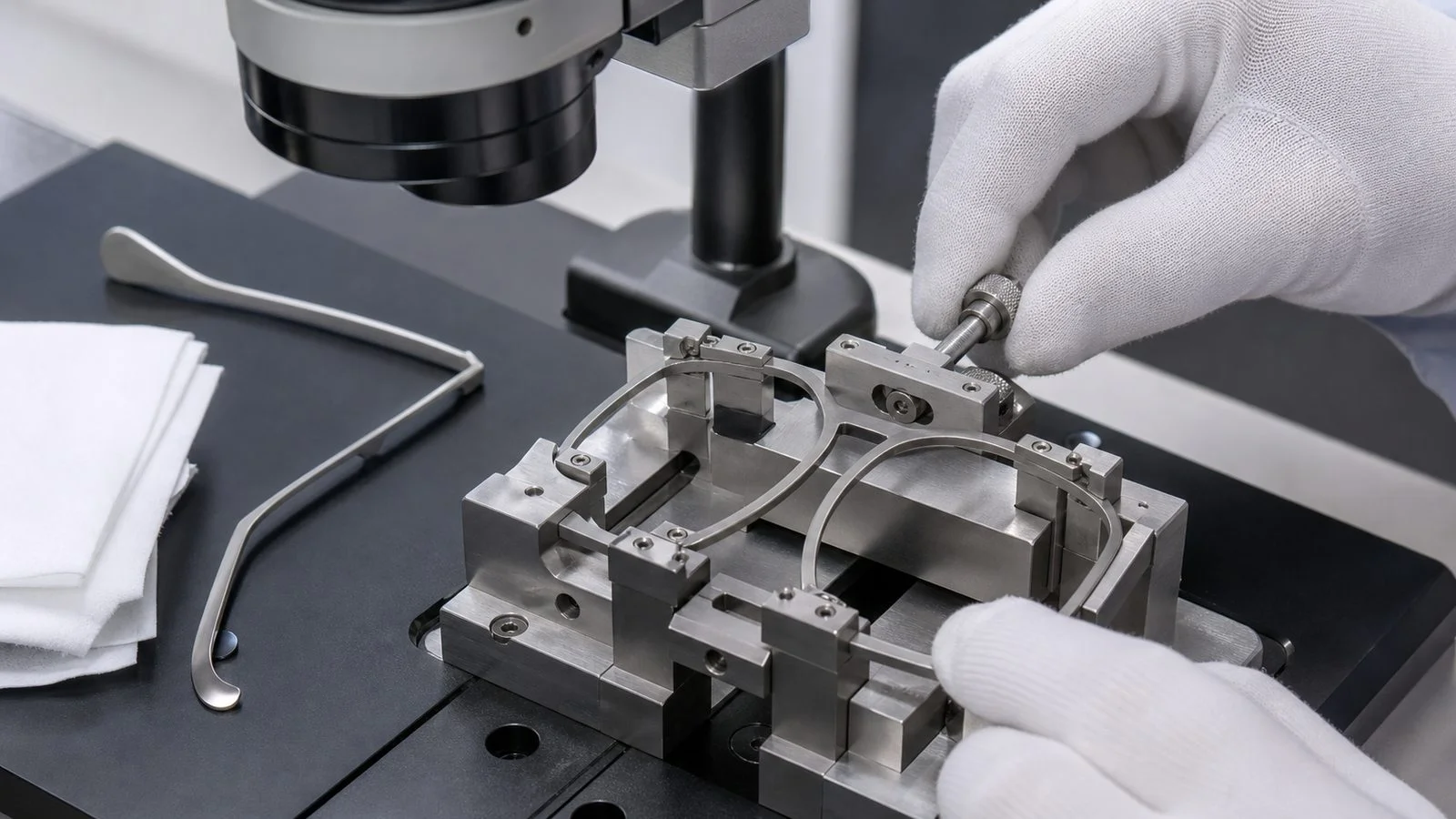 Titanium eyewear bridge and rim components aligned in a precision laser welding fixture