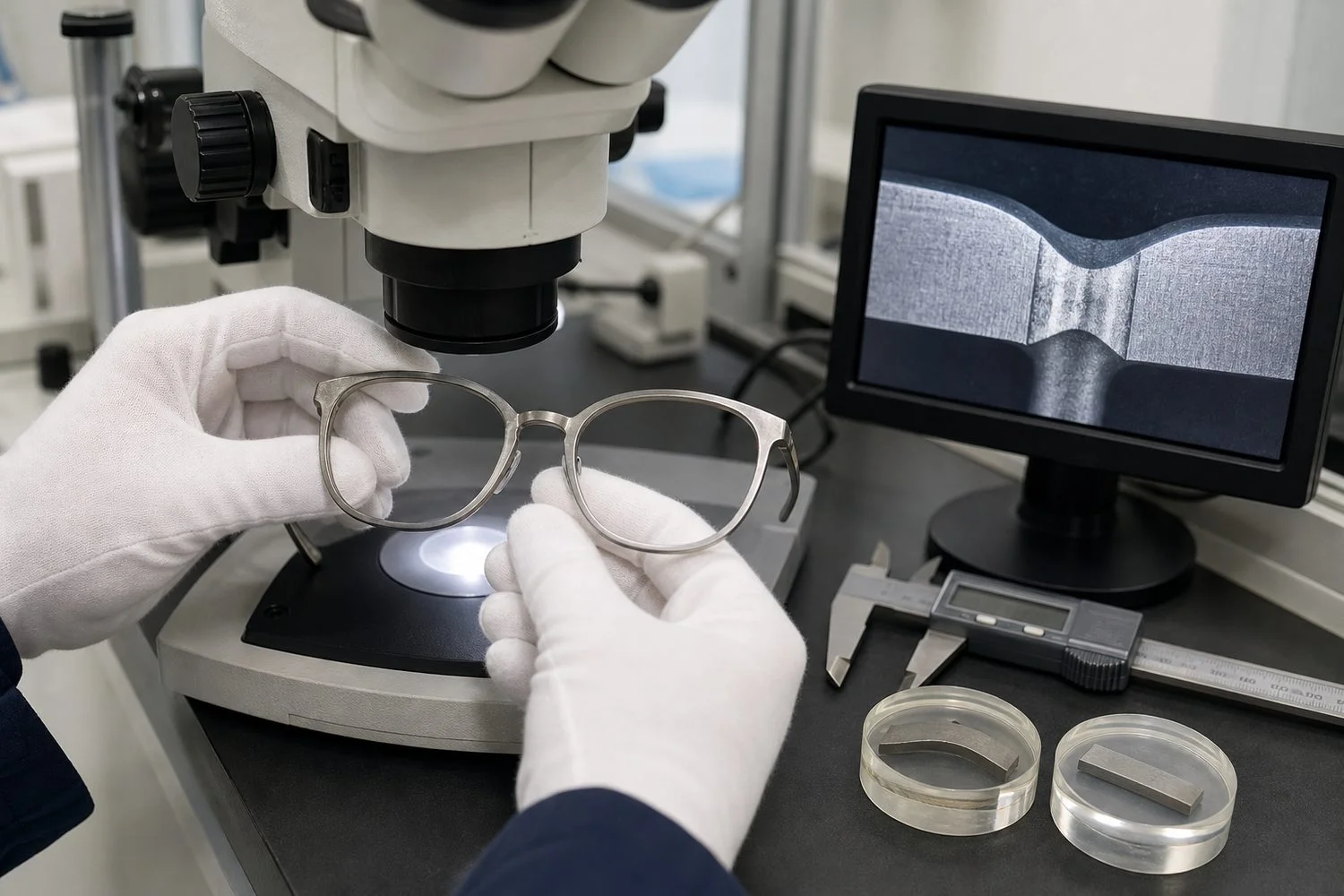 Quality inspector examining a laser welded titanium eyeglass joint under magnification
