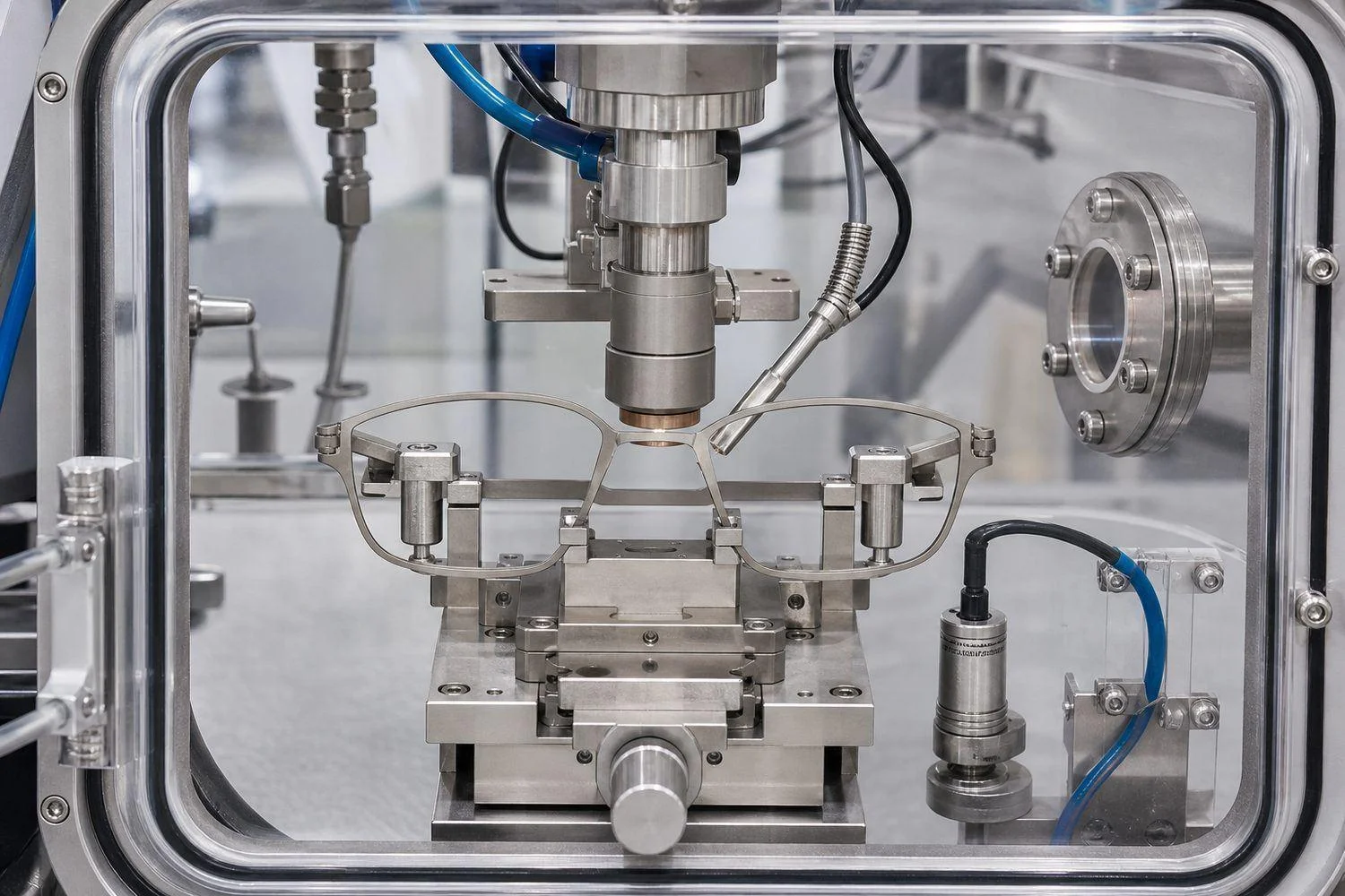 Titanium eyeglass components laser welded inside a controlled argon shielding chamber