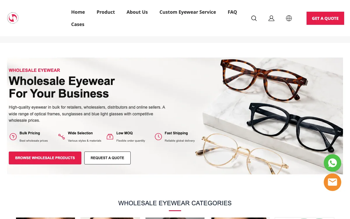 Ajaoptical official wholesale eyewear page with frame categories and quotation options