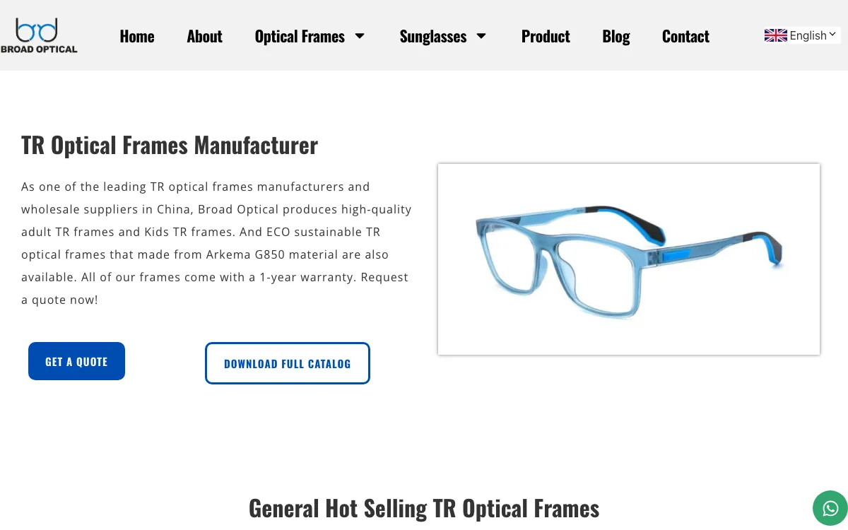 Broad Optical official TR optical frames page showing a frame and quotation links
