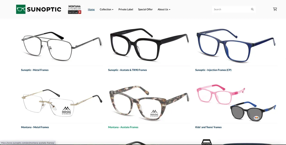 Sunoptic official website showing its injection-frame and other optical-frame collections